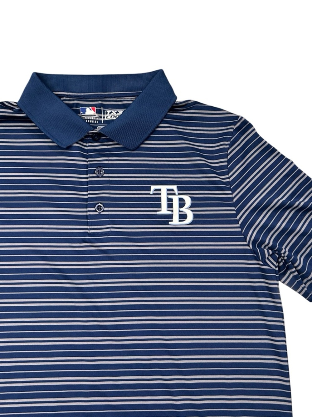 MLB Genuine Merch Tampa Bay Rays Baseball TX3 Cool Striped Polo - Navy & White M